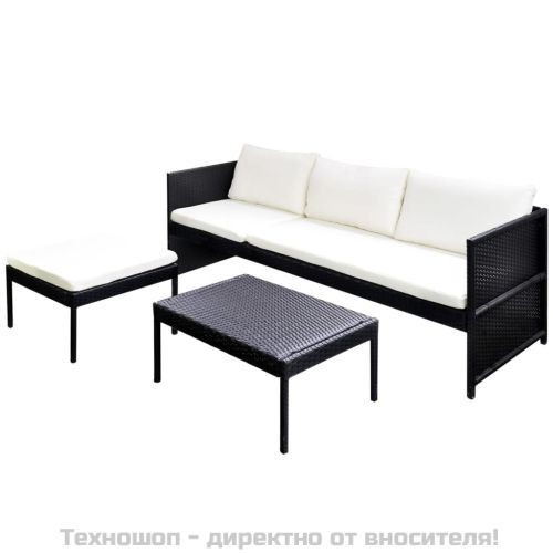 Градински комплект с възглавници, 3 части, полиратан, черен