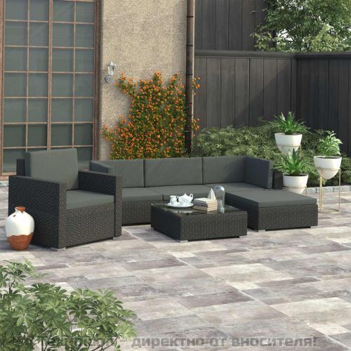 Градински комплект с възглавници, 6 части, полиратан, черен