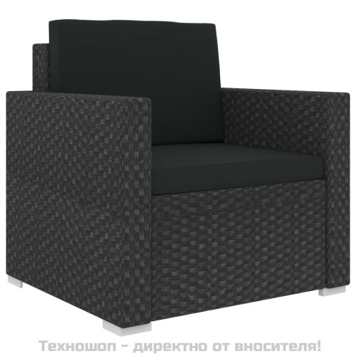 Градински комплект с възглавници, 6 части, полиратан, черен