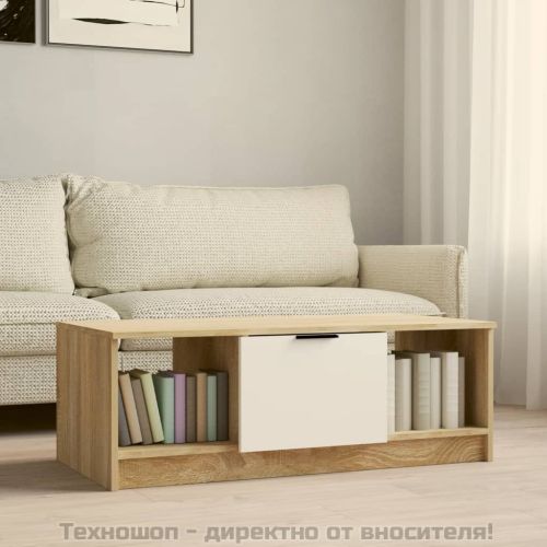 Кафе маса, бяло и дъб сонома, 102x50x36 см, инженерно дърво