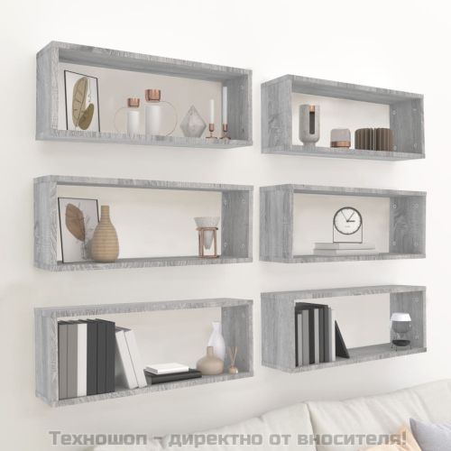 Стенни рафтове, 6 бр, сив сонома, 60x15x23 см, инженерно дърво