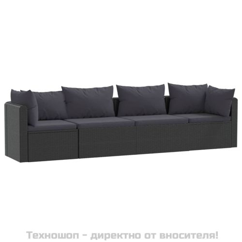 Градински комплект с възглавници, 4 части, полиратан, черен