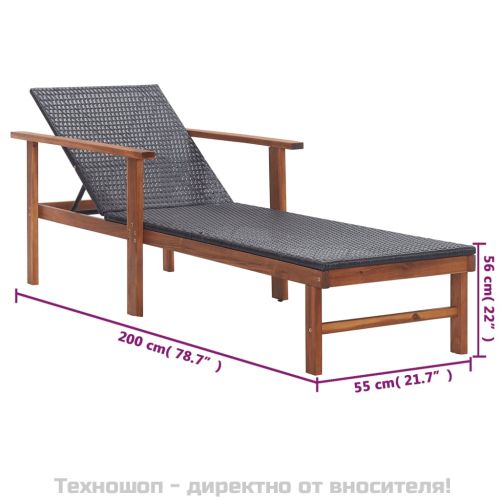 Шезлонг, полиратан и акация масив, черен