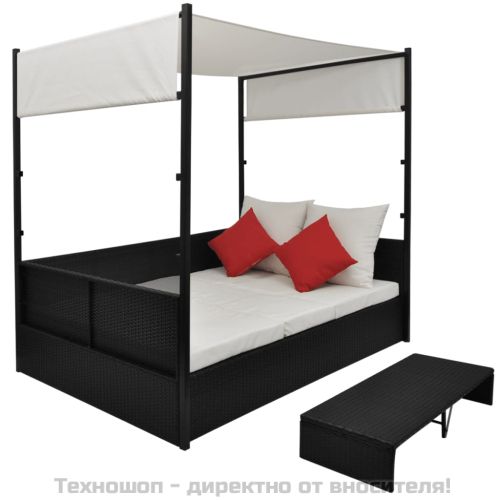 Градинско легло с балдахин, черно, 190x130 см, полиратан