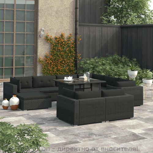 Градински комплект с възглавници, 10 части, полиратан, черни