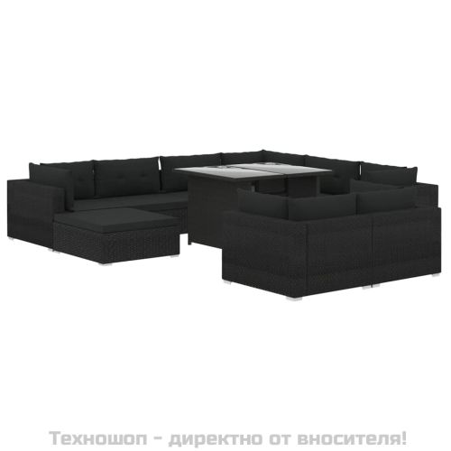 Градински комплект с възглавници, 10 части, полиратан, черни