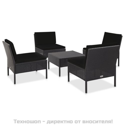 Градински комплект с възглавници, 5 части, полиратан, черен