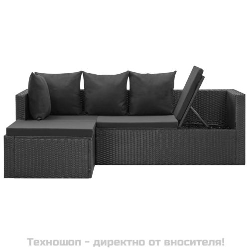 Градински комплект с възглавници, 4 части, полиратан, черен