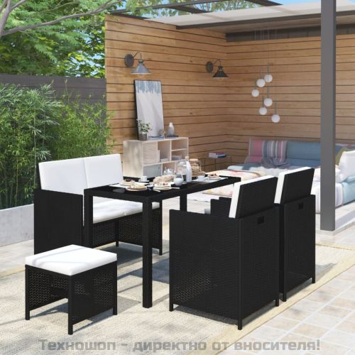 Градински комплект с възглавници, 6 части, полиратан, черен