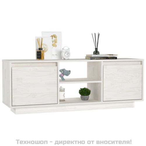 ТВ шкаф, бял, 110x30x40 см, борово дърво масив