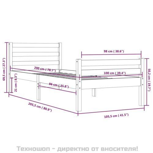 Рамка за легло, черна, масивно дърво, 100х200 см