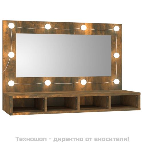 Огледален шкаф с LED, опушен дъб, 90x31,5x62 см