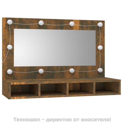 Огледален шкаф с LED, опушен дъб, 90x31,5x62 см