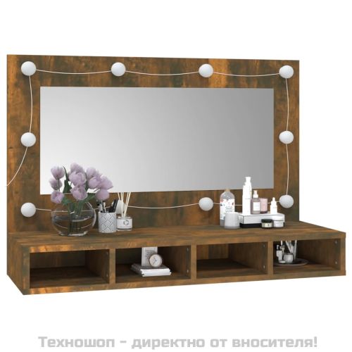 Огледален шкаф с LED, опушен дъб, 90x31,5x62 см