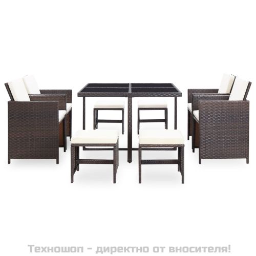 Градински комплект с възглавници, 9 части, кафяв полиратан