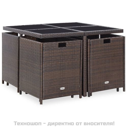 Градински комплект с възглавници, 9 части, кафяв полиратан