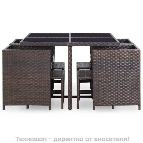 Градински комплект с възглавници, 9 части, кафяв полиратан