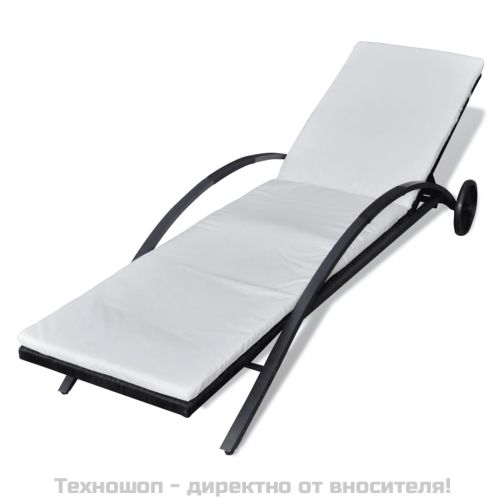 Шезлонг с шалте и колелца, черен полиратан