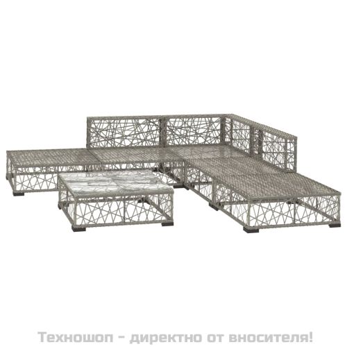 Градински комплект с възглавници, 6 части, полиратан, сив