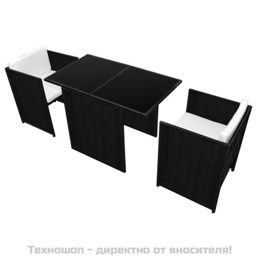 Бистро комплект, 3 части, с възглавници, черен полиратан