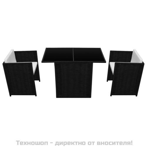Бистро комплект, 3 части, с възглавници, черен полиратан