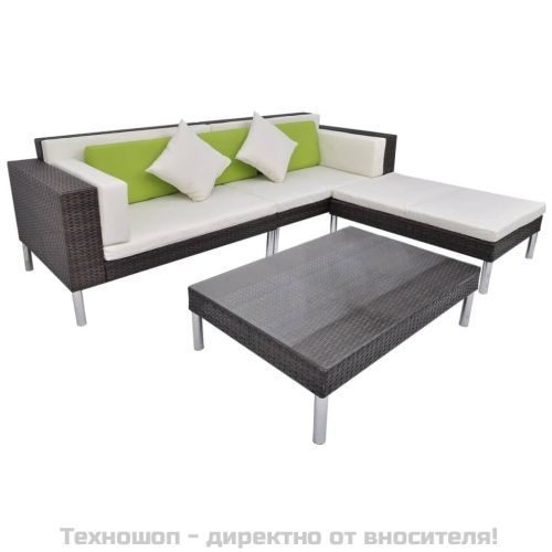 Градински комплект с възглавници, 4 части, кафяв полиратан