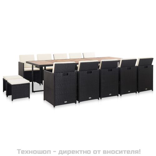 Градински комплект с възглавници, 15 части, полиратан, черен