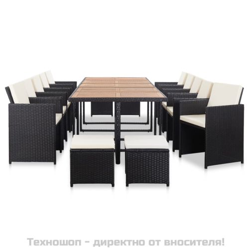 Градински комплект с възглавници, 15 части, полиратан, черен