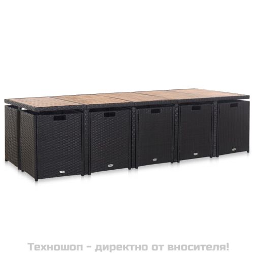 Градински комплект с възглавници, 15 части, полиратан, черен