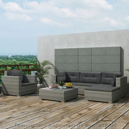 Градински комплект с възглавници, 6 части, сив полиратан