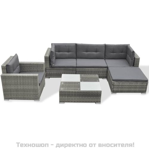 Градински комплект с възглавници, 6 части, сив полиратан