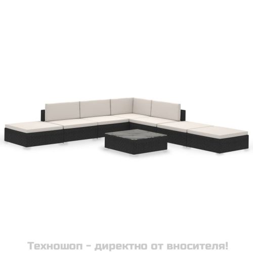 Градински комплект с възглавници, 8 части, черен полиратан