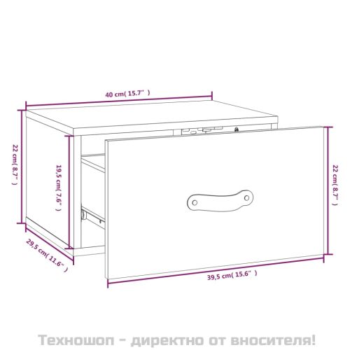Нощно шкафче за стенен монтаж, сиво, 40x29,5x22 см