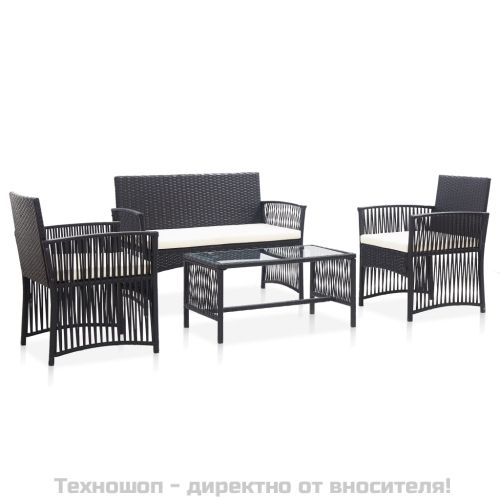 Градински комплект с възглавници, 4 части, черен полиратан