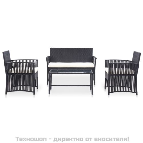 Градински комплект с възглавници, 4 части, черен полиратан