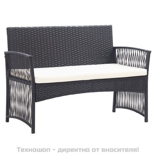 Градински комплект с възглавници, 4 части, черен полиратан
