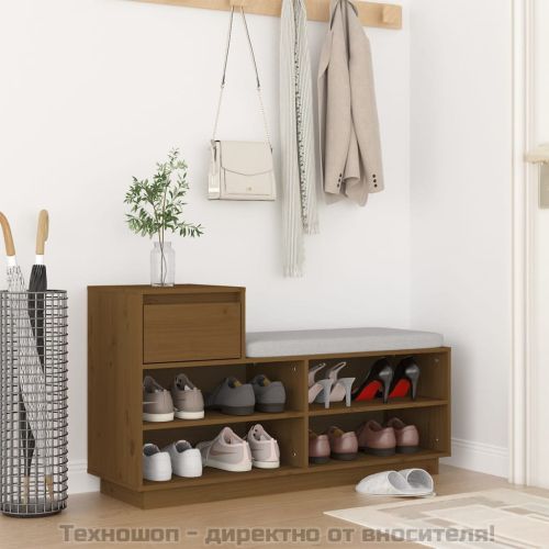 Шкаф за обувки, меденокафяв, 110x34x61 см, борово дърво масив