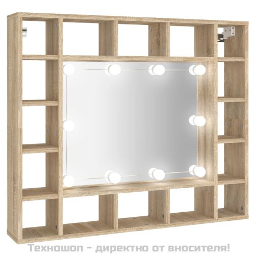 Огледален шкаф с LED, сонома дъб, 91x15x76,5 см
