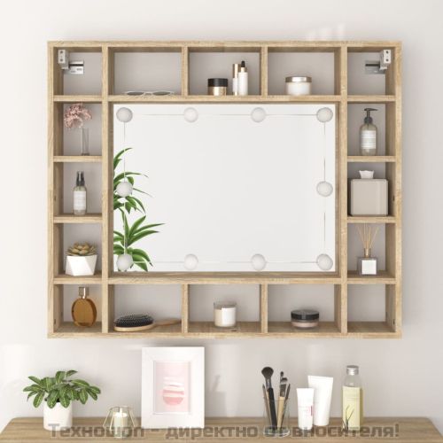 Огледален шкаф с LED, сонома дъб, 91x15x76,5 см