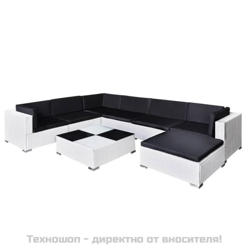 Градински комплект с възглавници, 8 части, бял полиратан