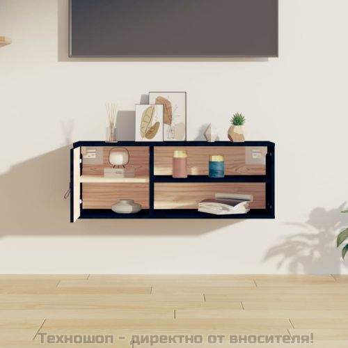 Стенен шкаф, черен, 80x30x30 см, борово дърво масив
