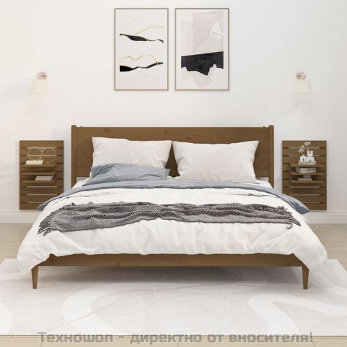 Нощни рафтове за стена, 2 бр, меденокафяви, борово дърво масив