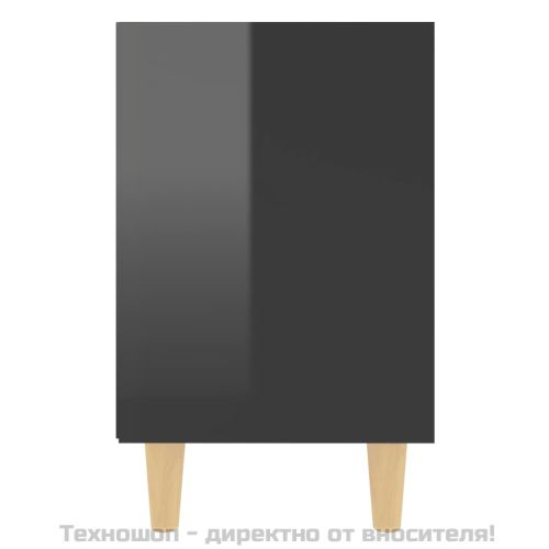 Нощно шкафче с крака от дърво масив, черен гланц, 40x30x50 см