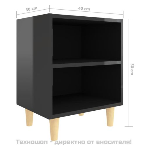 Нощно шкафче с крака от дърво масив, черен гланц, 40x30x50 см
