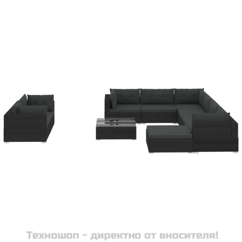 Градински комплект с възглавници, 10 части, черен полиратан