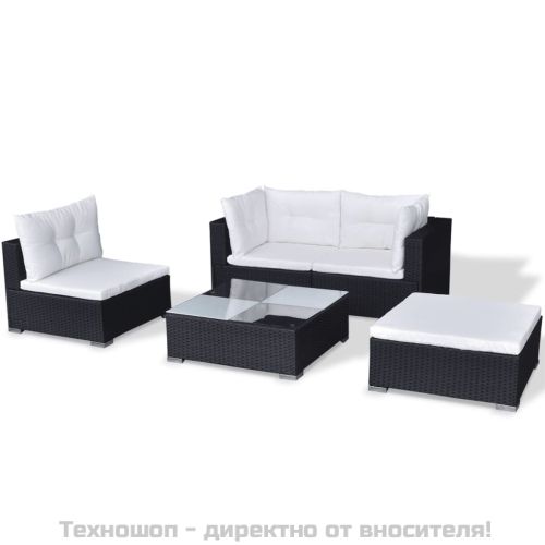 Градински комплект с възглавници, 5 части, черен полиратан