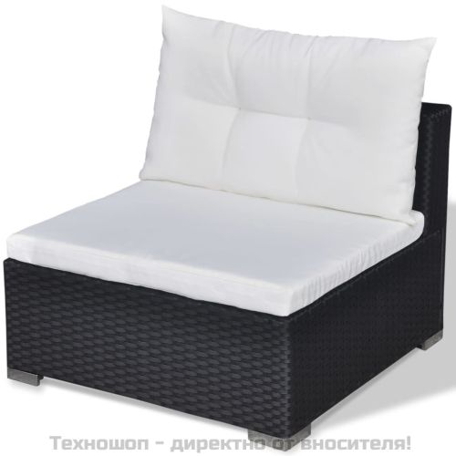 Градински комплект с възглавници, 5 части, черен полиратан