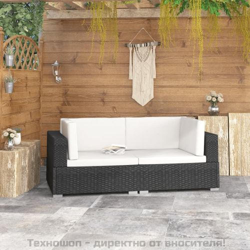 Модулни ъглови фотьойли с възглавници, 2 бр, черен полиратан