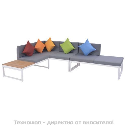 Градински комплект с възглавници, 5 части, алуминий и WPC