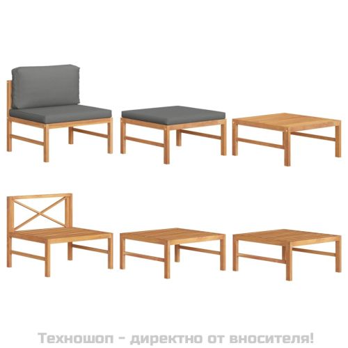 Градински комплект с тъмносиви възглавници, 3 части, тик